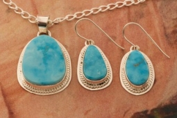 Native American Jewelry Genuine Kingman Turquoise Sterling Silver Pendant and Earrings Set
